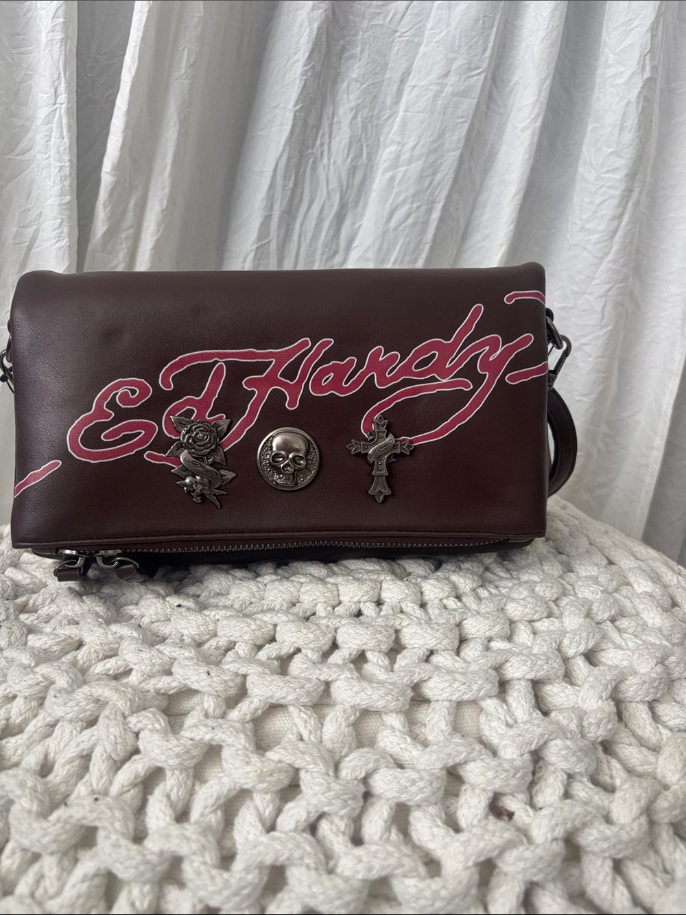 Ed Hardy Crossbody Bag with Red Script and Metal Charms
